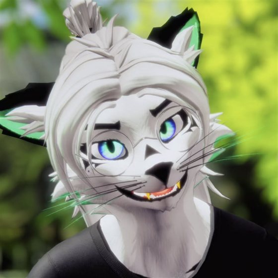 Avatar do Yoshiro no VRChat: gato branco de orelhas verdes, óculos redondos e olhos em degradê verde e azul