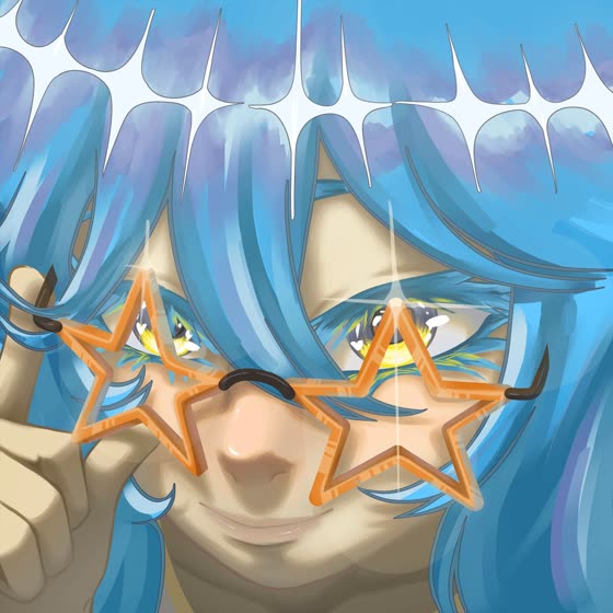 Personagem de cabelo azul segurando óculos em forma de estrela, pintura digital de DoremiArtz
